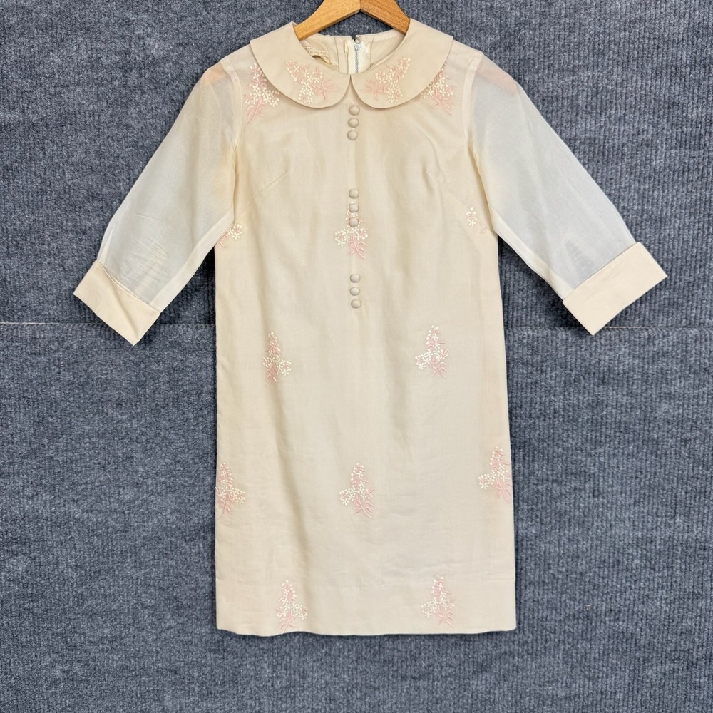 Vtg Tesoro Dress Womens XS Embroidered Organza Peter Pan Collar Mod Rockabilly